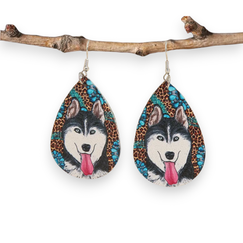 Siberian Husky Dog Leopard Print Earrings