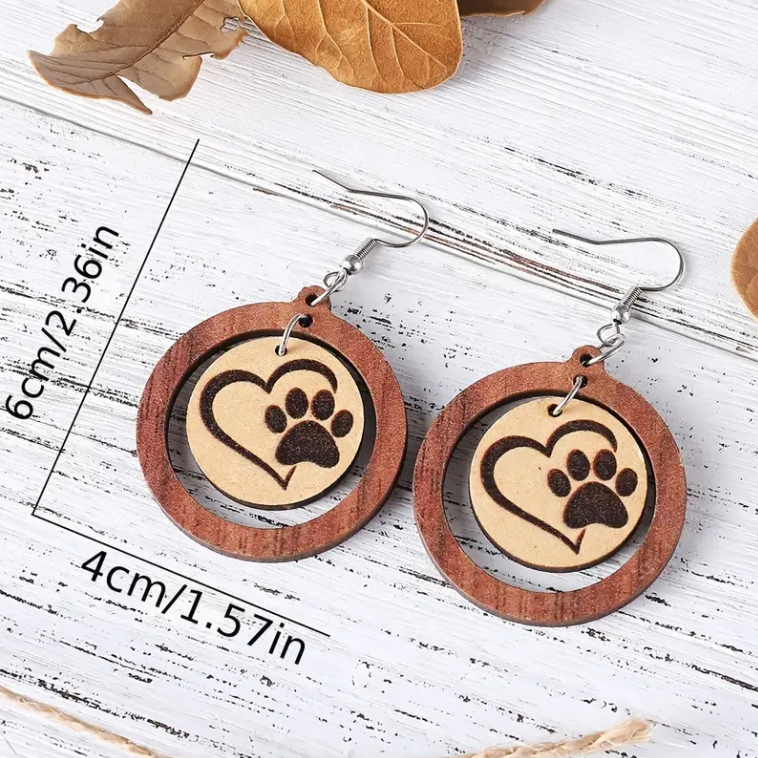 Wooden Paw Print and Heart Earrings