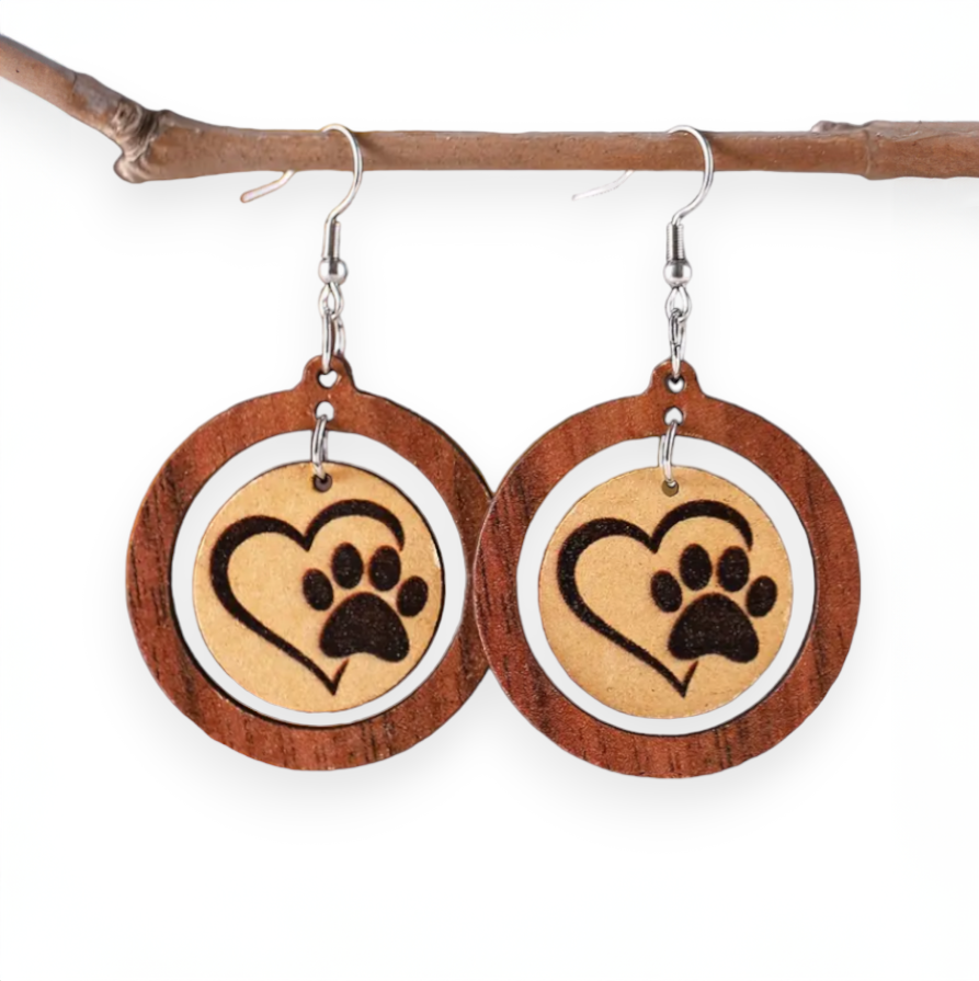 Wooden Paw Print and Heart Earrings