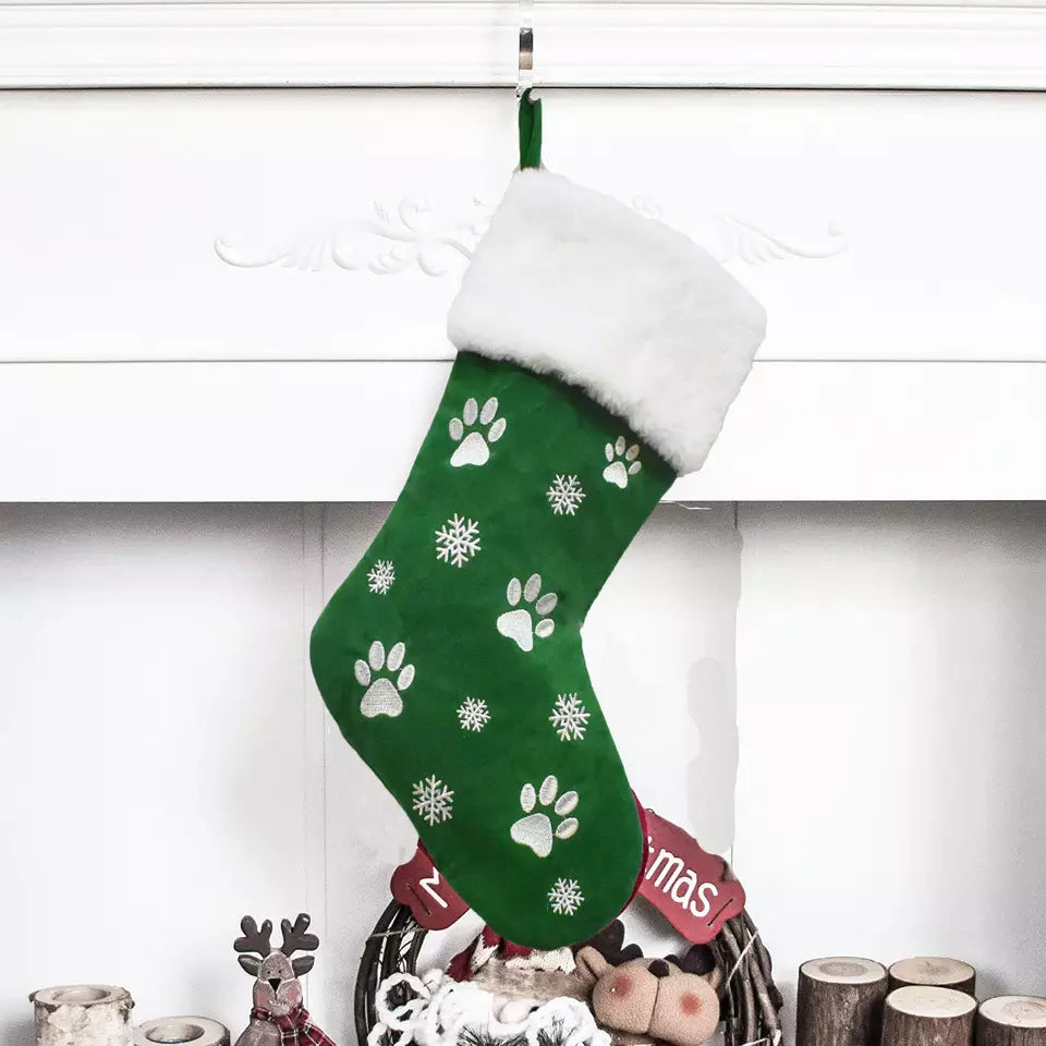 Green Paw Print Pet Christmas Stocking